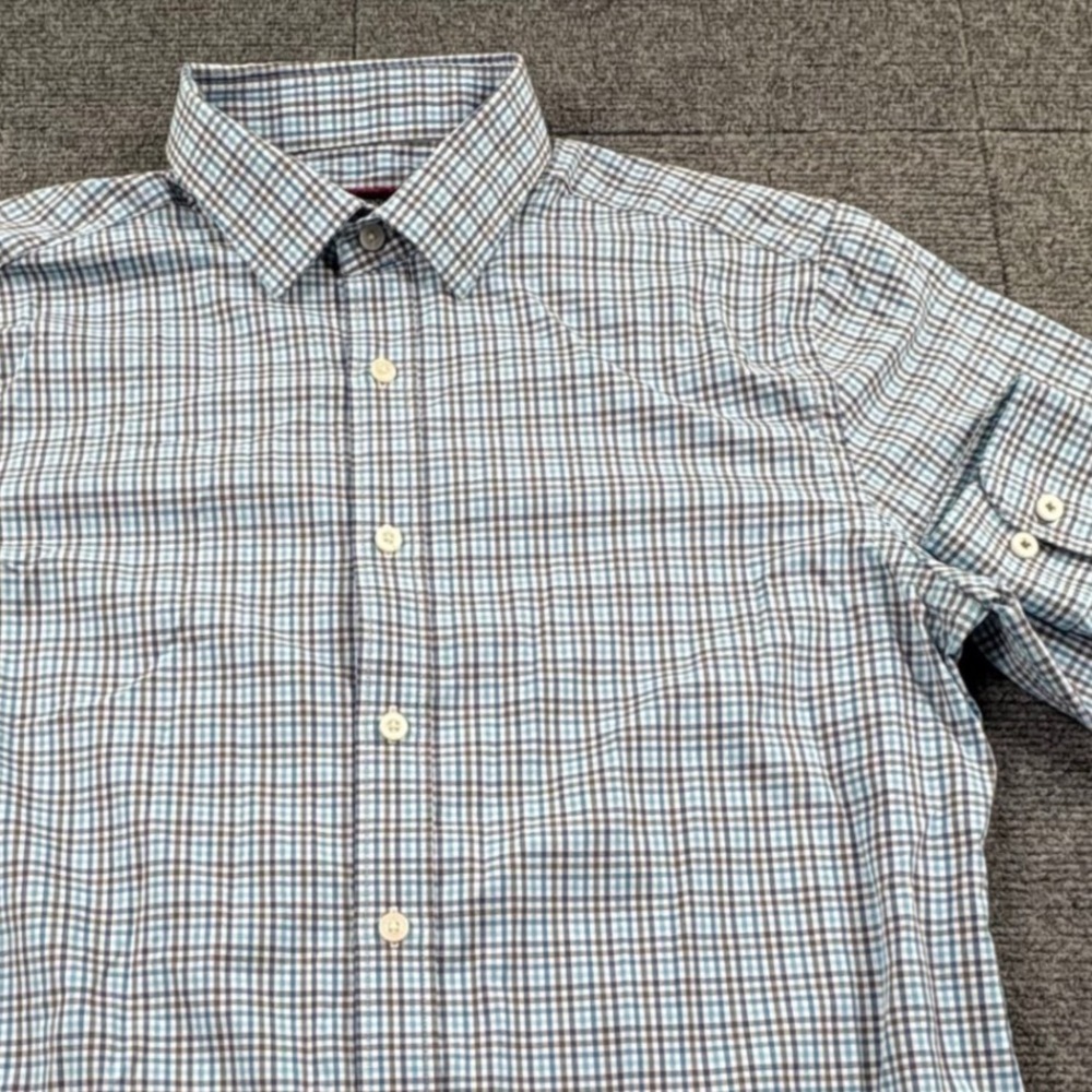 UNTUCKit Slim Fit Blue Grey Plaid Performance Shirt Mens Medium Long Sleeve